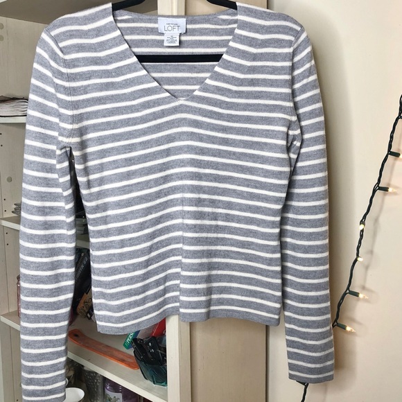 Loft V-Neck Stripped Long-Sleeve Sweater - Picture 1 of 4